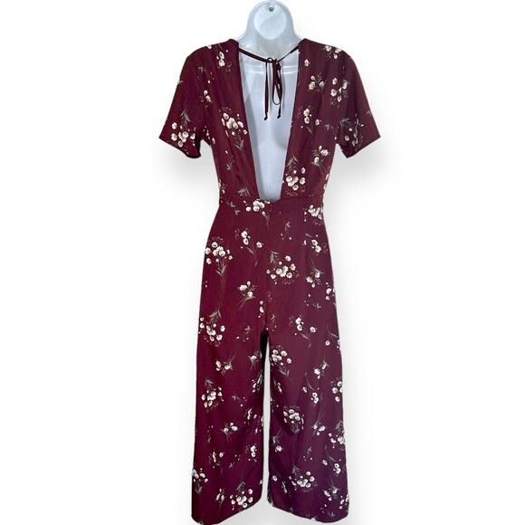 SADIE & SAGE Floral Jumpsuit V-Neck Tie Back Waist Cocktail Flirty Red Small - Picture 7 of 11